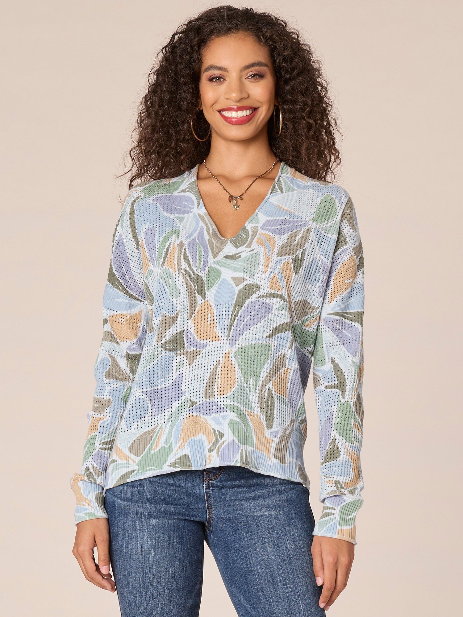 Long Drop Shoulder Sleeve V-Neck Abstract Floral Print Petite Sweater