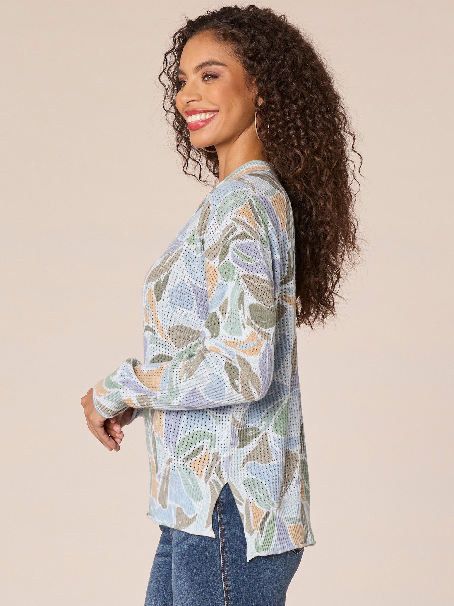 Long Drop Shoulder Sleeve V-Neck Abstract Floral Print Petite Sweater