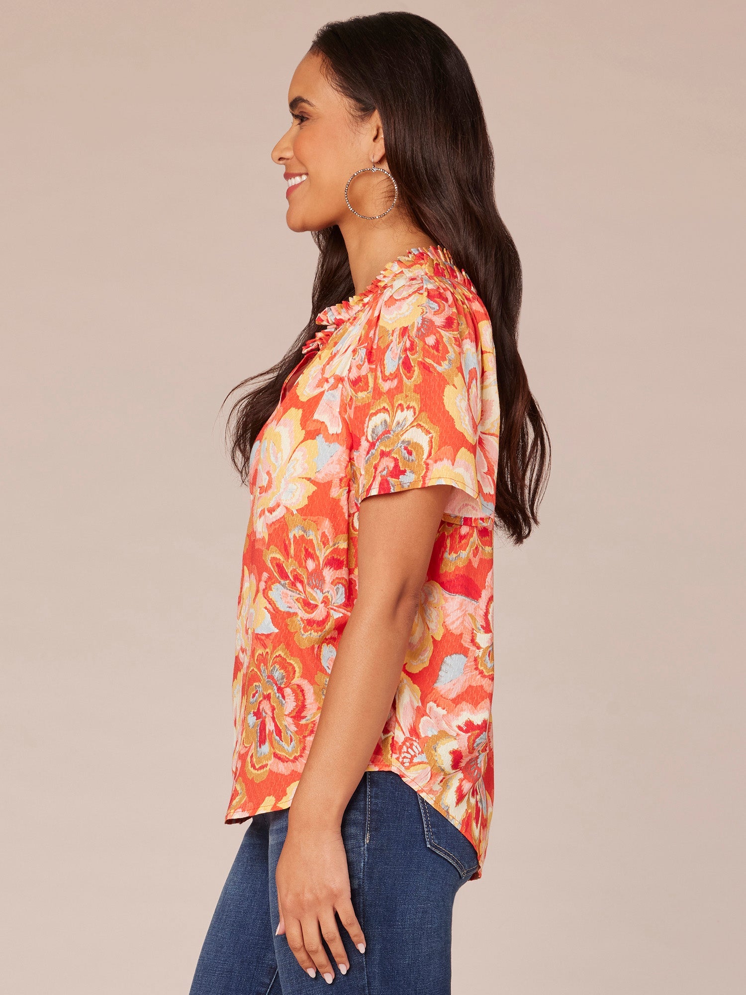 Petite Bell Sleeve V-Neck Half Button Front Floral Print Woven Top