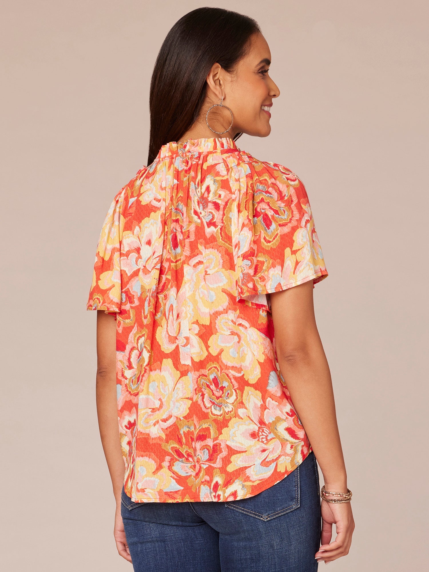 Petite Bell Sleeve V-Neck Half Button Front Floral Print Woven Top