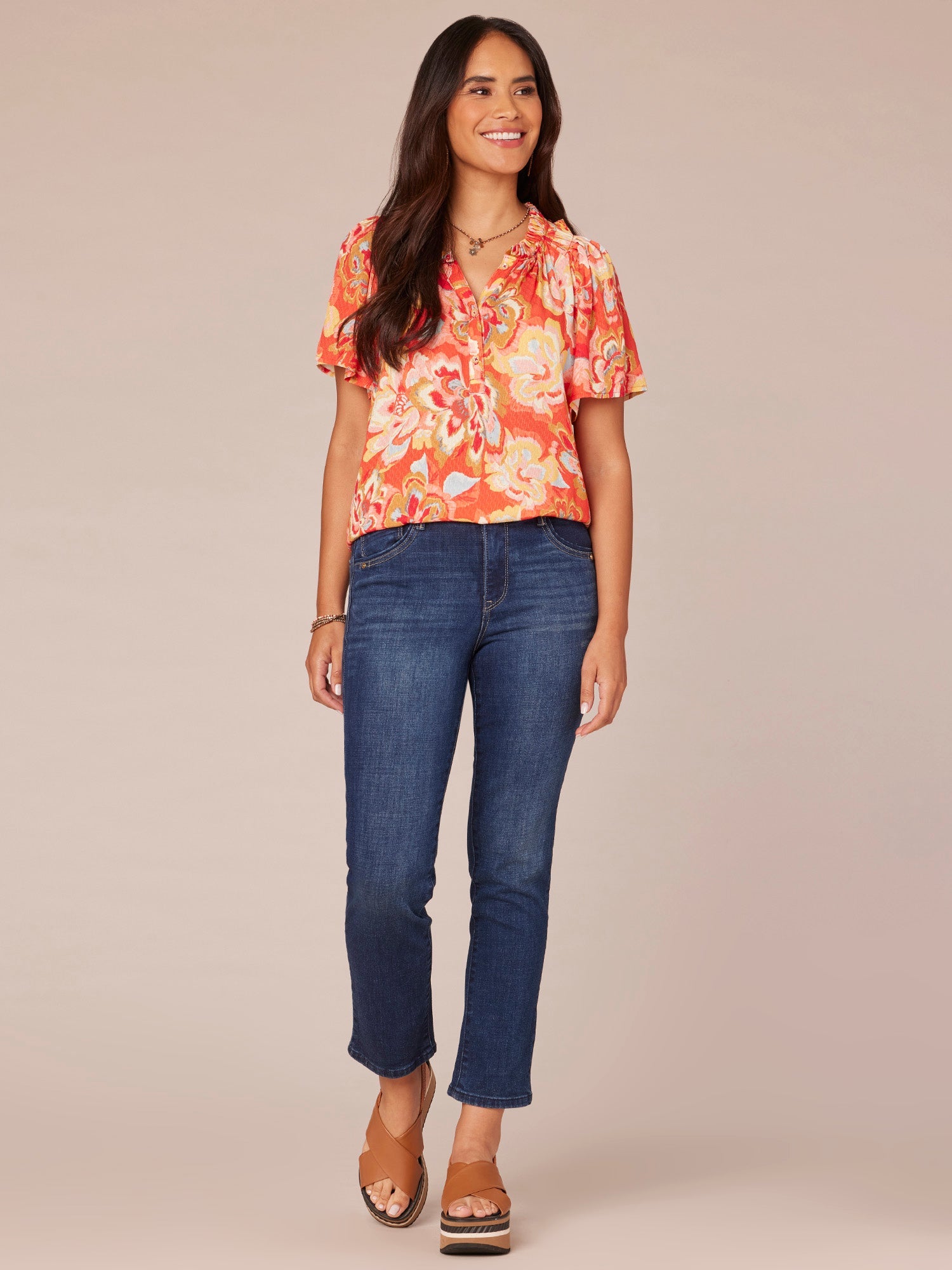 Petite Bell Sleeve V-Neck Half Button Front Floral Print Woven Top