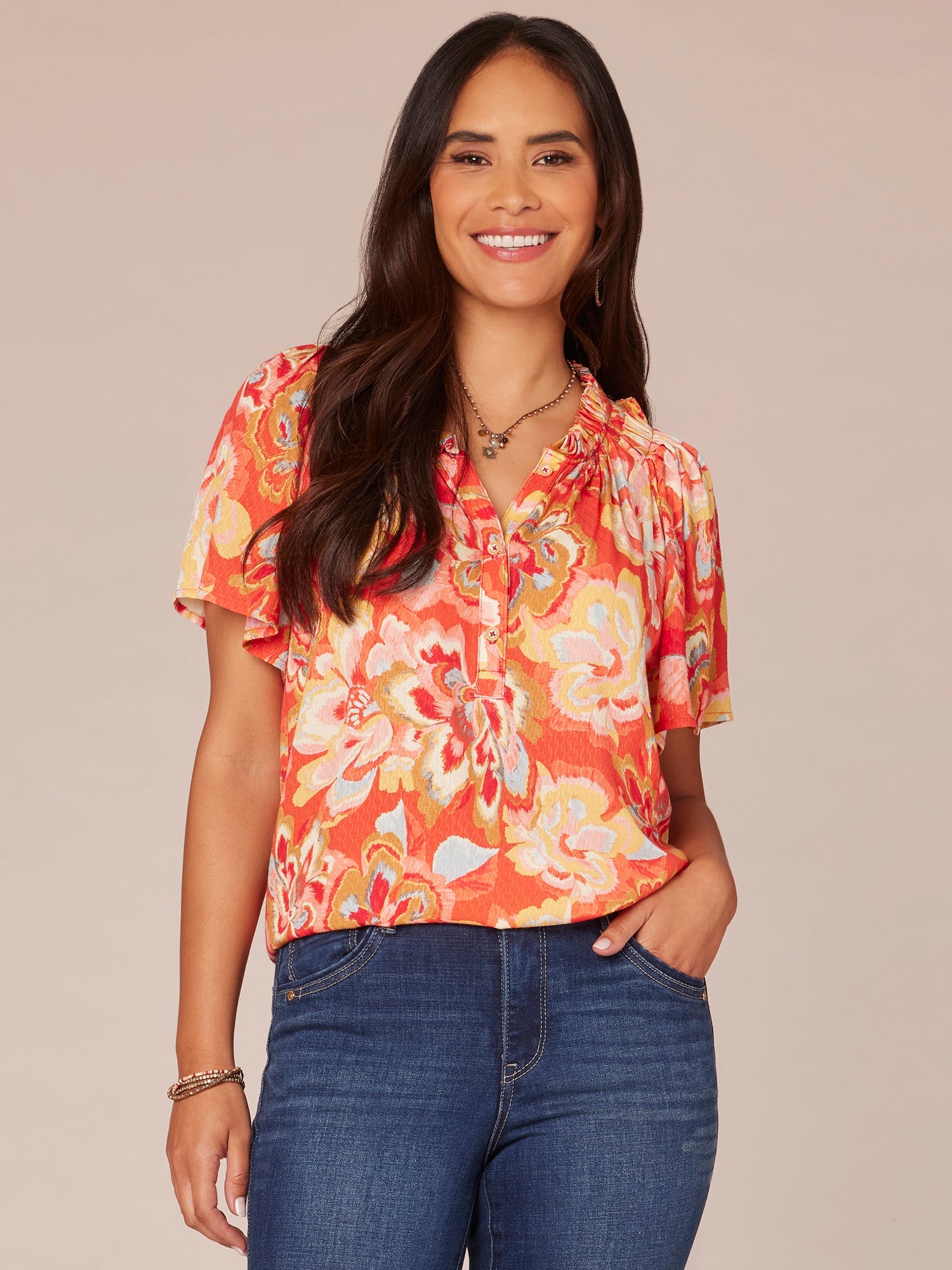 Petite Bell Sleeve V-Neck Half Button Front Floral Print Woven Top