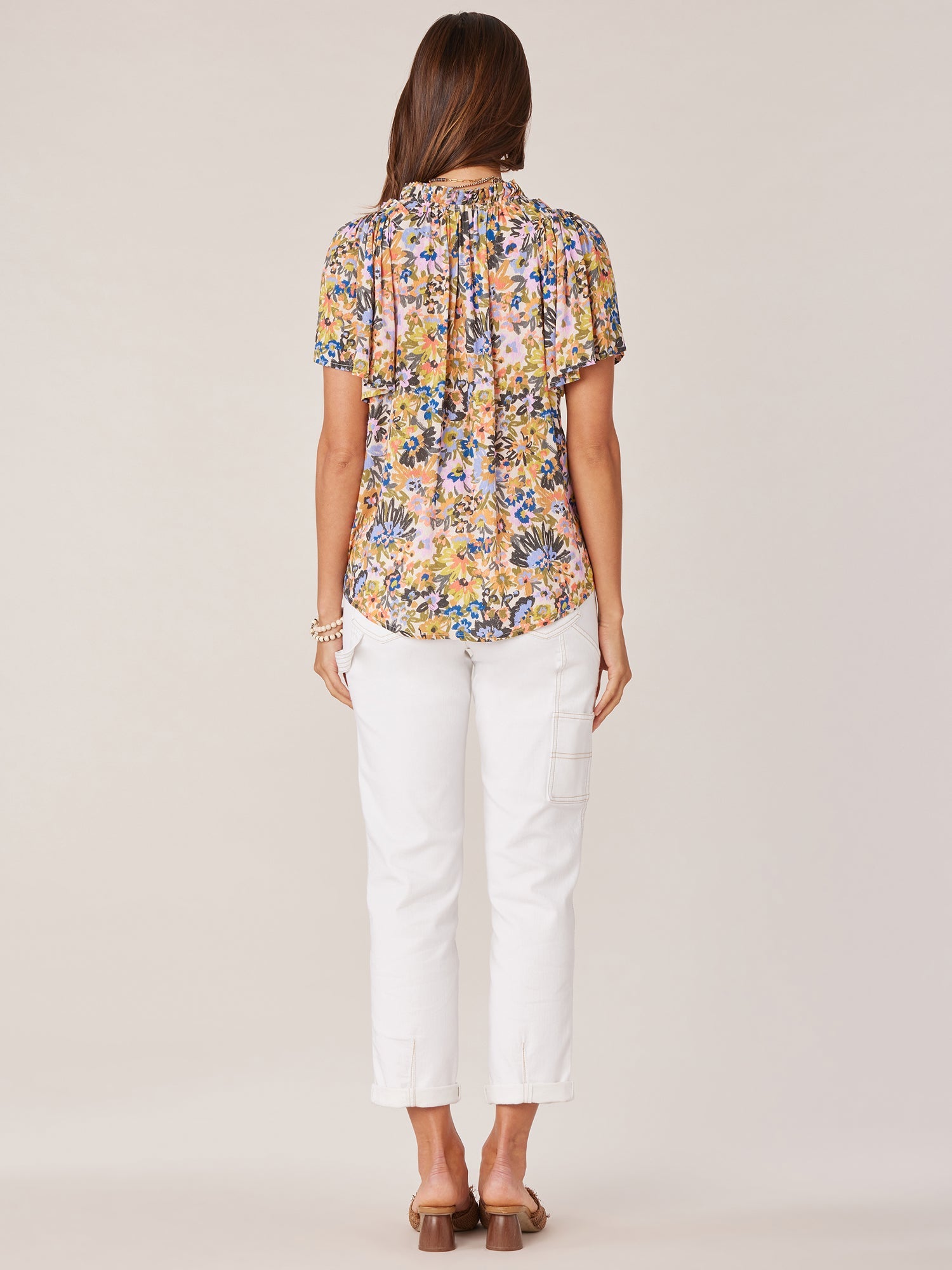 Petite Bell Sleeve V-Neck Half Button Front Floral Print Woven Top