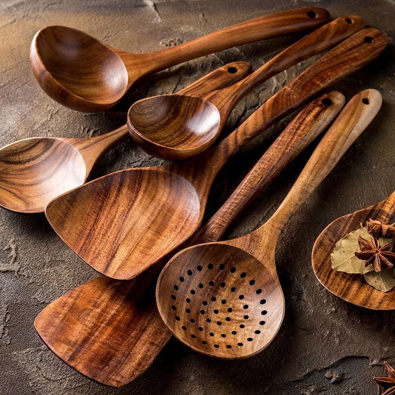 Kit colher de madeira 7 utensílio de cozinha.