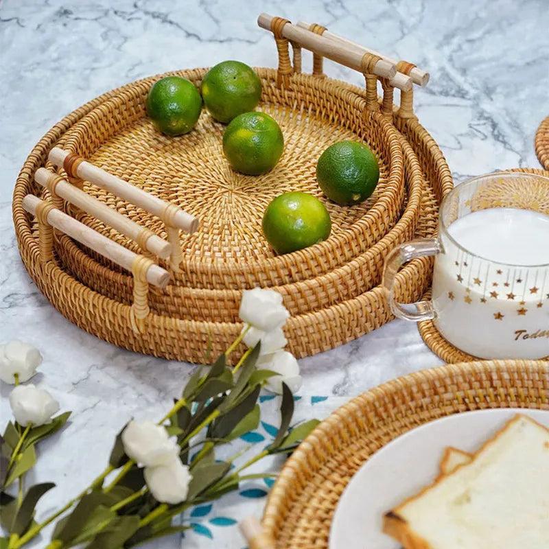 Bandeja Decorativa Para Cantinho Do Café De Rattan Redonda